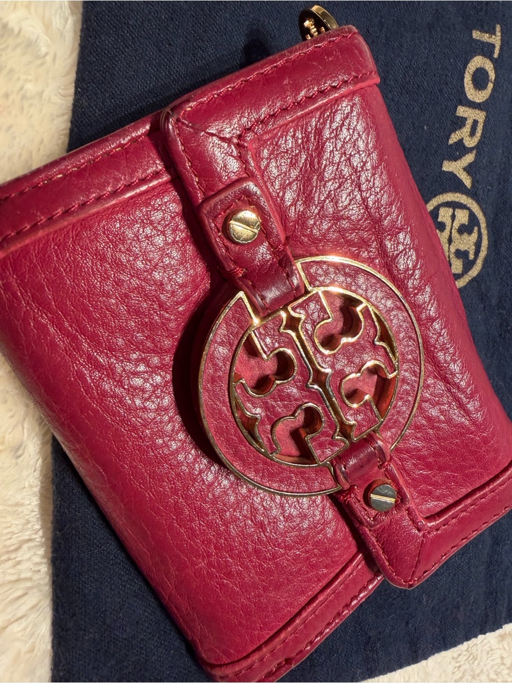 Tory Burch Berry Pink Leather Wallet with Gold Logo Hardware